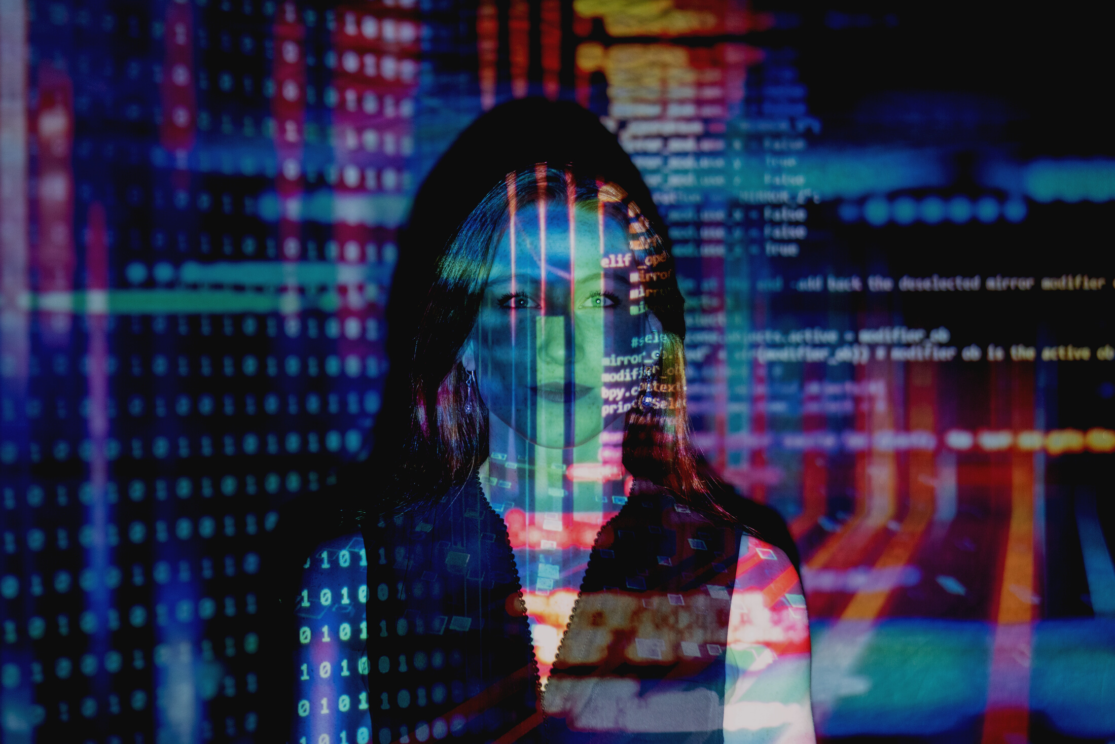 Code Projected Over Woman